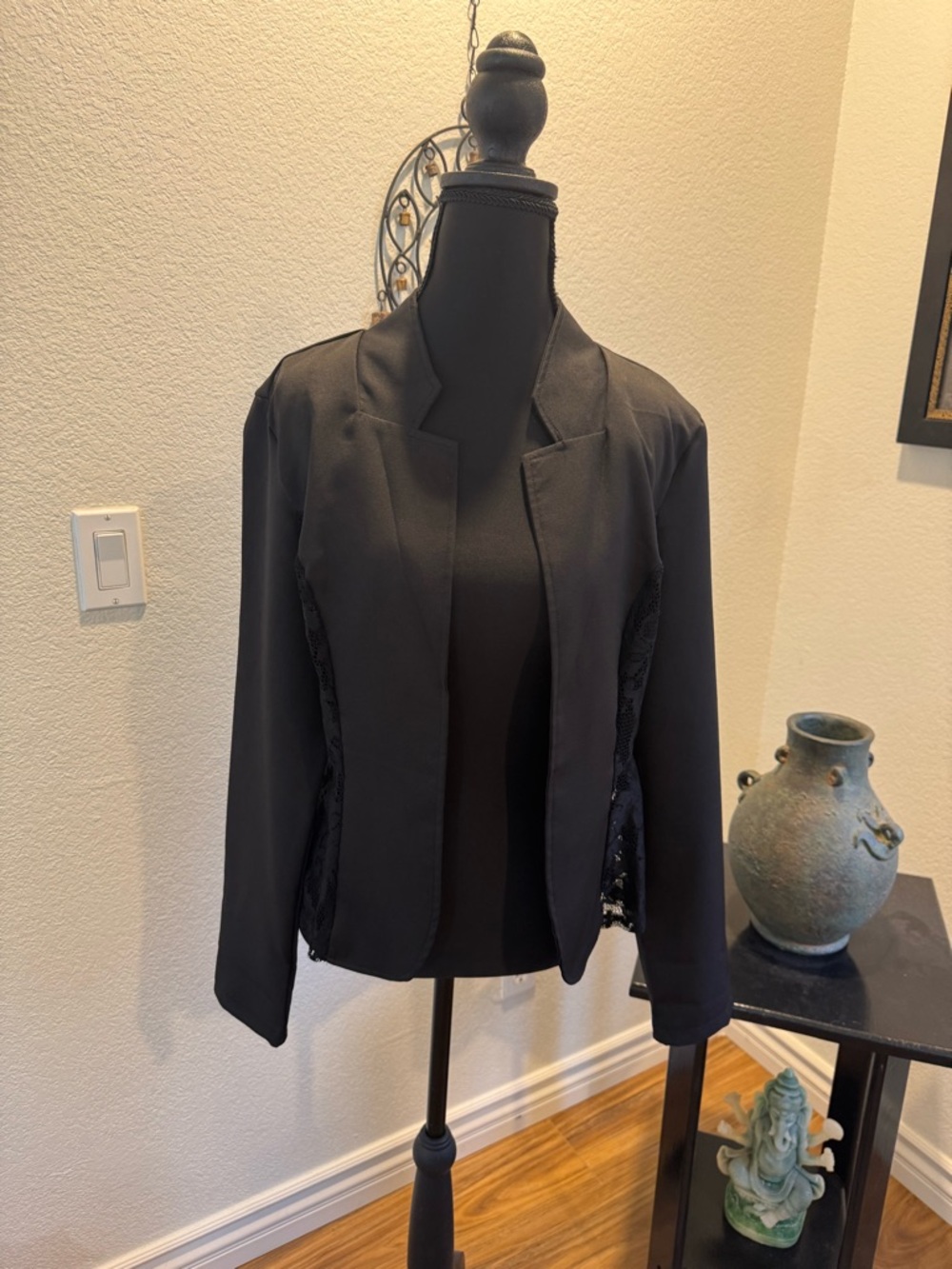 SHEIN Black Open-Front Blazer with Lace Side Panels